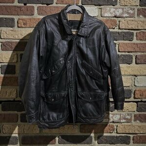 Vintage Black Leather Utility Field Western Biker Jacket  Barn Coat Large